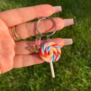 Cute pink gummy bear and lollipop lanyard keychain